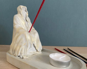 Ghost incense and tea light holder, Reaper candle holder, man tealight, Grim reaper sitting ornament, gothic decor,unique gift,handmade gift