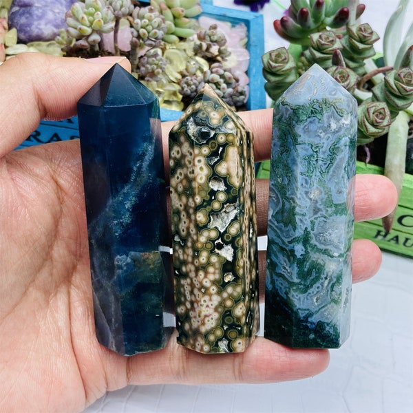 70mm+ 3PC Natural Ocean Jasper+Moss agate+blue fluorite,Crystal Obelisk Wand Piont,Home Decoration,Crystal Tower,Reiki Healing,Crystal gift