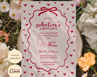 Galentines Day Pajama Party Invitation Template - Pink and Red Bow, Editable Canva Invite, Pink Whimsical Valentines Invite Bows Hand Drawn