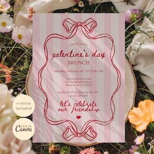 Galentines Brunch Invitation Template - Pink and Red Bow, Editable Canva Invitation, Pink Valentines Invite Coquette Brunch Hand Drawn image 1