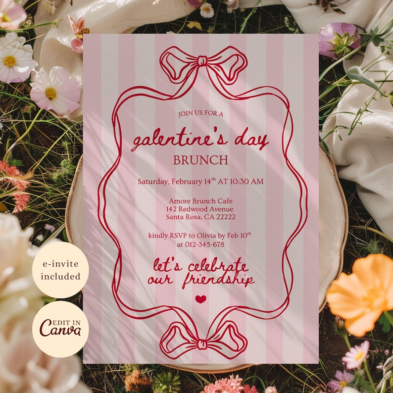 Galentines Brunch Invitation Template - Pink and Red Bow, Editable Canva Invitation, Pink Valentines Invite Coquette Brunch Hand Drawn image 1