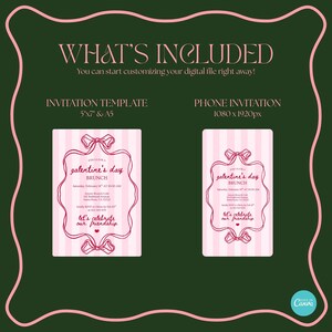 May include: Digital invitation template for a Galentine's Day brunch. The design includes a pink and white striped background with a decorative frame and bow. The invitation is available in 5"x7" and A5 sizes, and a phone invitation size of 1080 x 1920px.