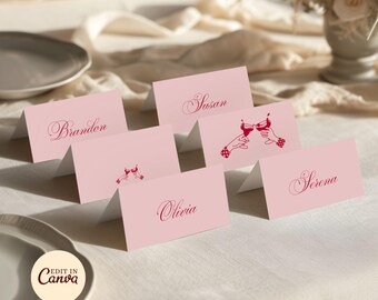 Printable Place Cards Pink Red, Cocktail Party Decoration, Dinner Party Decor, Table Setting, Minimalist Name Cards Wedding, Birthday Party