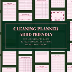 Könnte beinhalten: Eine Sammlung von rosa und weißen druckbaren Reinigungsplanerseiten. Der zentrale Text lautet "CLEANING PLANNER ADHD FRIENDLY" mit dem Slogan "ULTIMATE GUIDE OF 20 PAGES TO TRANSFORM YOUR LIFE AND HOME PDF AND CANVA TEMPLATE."