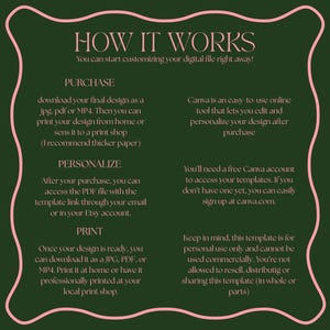 May include: A dark green graphic with pink text that reads "HOW IT WORKS". The text explains how to purchase, personalize, and print a digital design. It also mentions using Canva for editing and personal use restrictions.