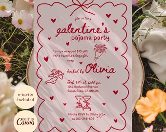 Galentines Day Pajama Party Invitation Template - Pink and Red Bow, Editable Canva Invite, Pink Whimsical Valentines Invite Bows Hand Drawn