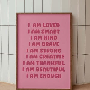 Arte murale con affermazioni rosa, affermazione positiva, arte murale per bambini, arte murale femminile, CBT, poster tipografico, poster sulla salute mentale, decorazioni rosa