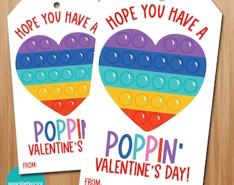 Valentine&#39;s Day Pop It Gift Tag, Hope You Have a Poppin&#39; Valentine&#39;s Day, Rainbow Bubble Popper Fidget Toy Valentine Classroom Tag Printable