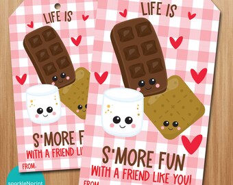 Printable S'mores Valentine's Day Gift Tags, Life is More Fun with a Friend Like You Favor Tag, School Classroom Valentine, Instant Download