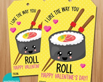 Printable I Like the way You Roll Gift Tag Template, Sushi Roll Favor Tag, Valentine&#39;s Day Treat Tags, Instant Download, Valentine&#39;s Day