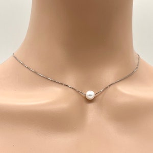 Floating Pearl Necklace, 925 Sterling Silver Necklace, Freshwater Pearl Necklace, Birthday Gift for Women, Christmas Gift for Wife