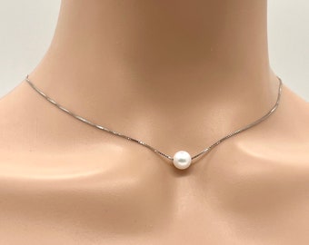 Floating Pearl Necklace, 925 Sterling Silver Necklace, Freshwater Pearl Necklace, Birthday Gift for Women, Christmas Gift for Wife