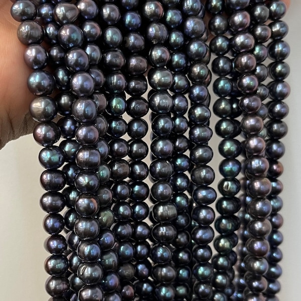 Black Freshwater Pearl, 7mm-7.5mm Cultured Pearl, Oval Shape Loose Pearl, Good Lustre, Black Green Tone Pearl