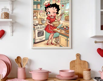 Betty Boop Backkunst-Kunstdruck, Retro-Küchenwanddeko, Vintage-Cartoon-Backkunst, Niedliche Küchenwanddeko, Retro-Anime-Küchendeko