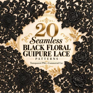 May include: A digital graphic featuring 20 Seamless Black Floral Guipure Lace Patterns with gold accents. The central text reads 20 Seamless Black Floral Guipure Lace Patterns, Transparent PNG, Commercial Use, framed by intricate black lace.