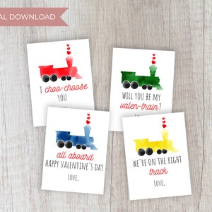 Tarjetas de San Valentín de tren / Descarga digital Tarjetas de San Valentín para niños de clase para guardería preescolar escolar (conjunto de 4)