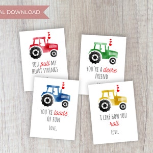 Tractor Valentine's Day Cards | Digital Download Class Kid Valentine Cards for School Preschool Daycare (Set of 4)