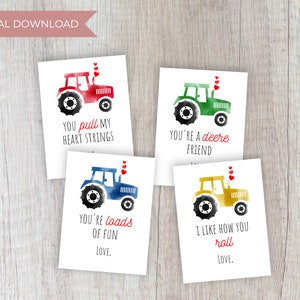 Tractor Valentine&#39;s Day Cards | Digital Download Class Kid Valentine Cards for School Preschool Daycare (Set of 4)