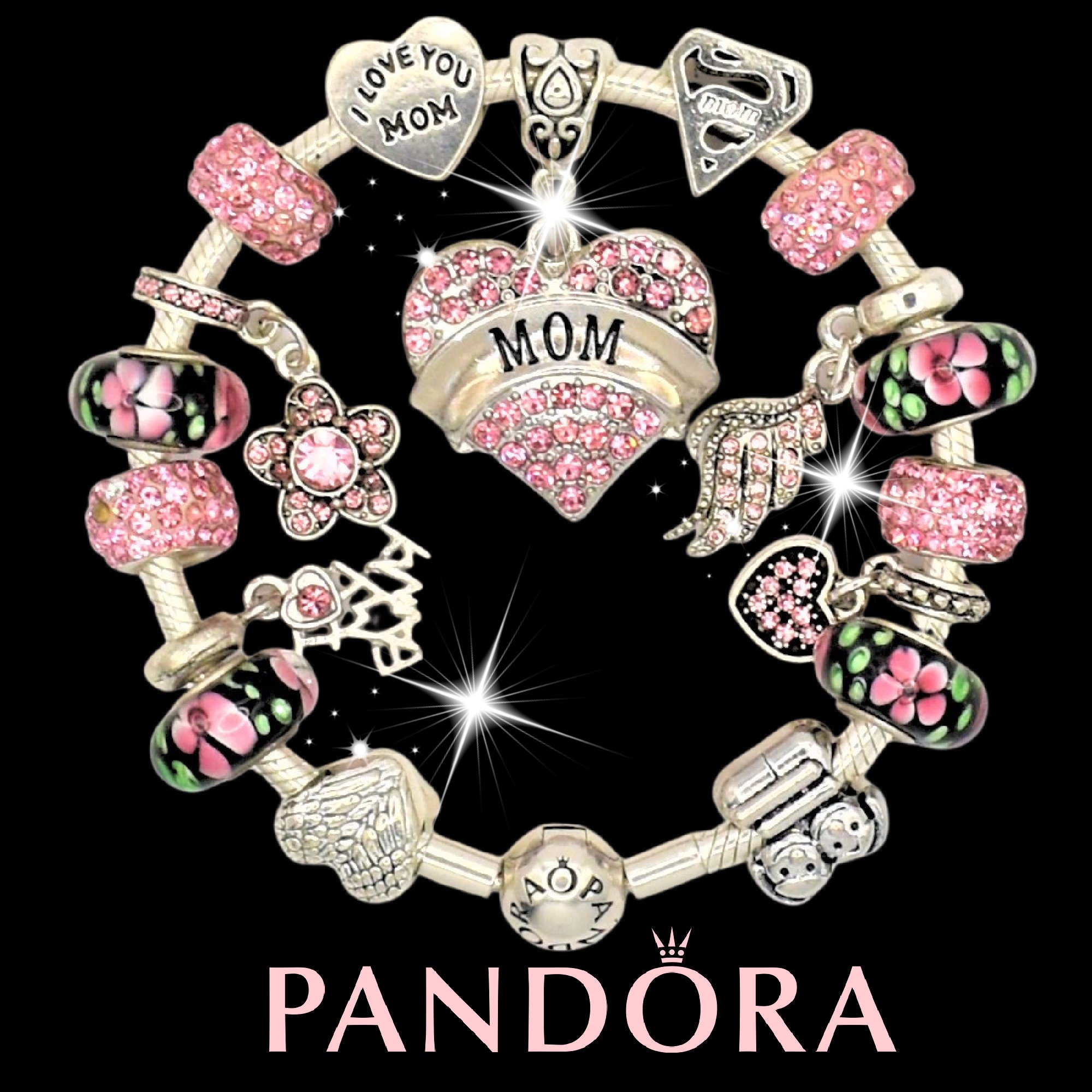 Pandora Bracelet With Pink Pave Mom Heart I Love You Mom 