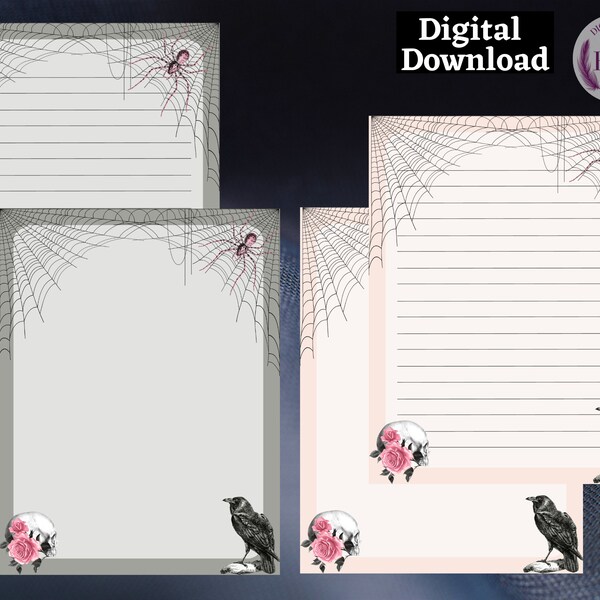 letter writing paper australia Pink Goth Printable Stationery Set | US Letter Size pdf | Instant Digital Download | Raven | Spider and Web | Roses Writing Pad