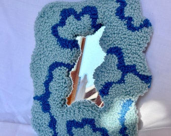 blue squiggle mini wavy mirror | tufted | handmade | punch needle | wall decor