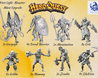 May include: A collection of miniature fantasy figures for the HeroQuest board game. The set includes a gargoyle, dread warrior, abomination, ork, goblin, mummy, zombie, and skeleton. The figures are gray and stand on a light yellow background.