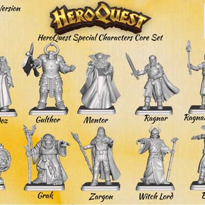 May include: A collection of HeroQuest Special Characters Core Set miniatures. The set includes figures such as Wardoz, Gulthor, Mentor, Ragnar, Ragnar Prisoner, Ulag, Grak, Zargon, Witch Lord, and Balor. The figures are gray and stand on black bases.