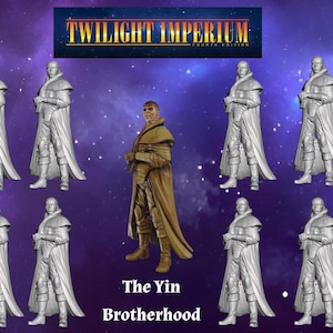 Puede incluir: Imagen promocional del juego de mesa Twilight Imperium: Fourth Edition, con figuras en miniatura de The Yin Brotherhood. Las figuras están en varias poses, con una combinación de colores gris, beige y morado. El logotipo del juego está en la parte superior.