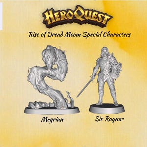 Può includere: Due miniature grigie non dipinte di HeroQuest Rise of Dread Moon Special Characters. Una figura è una creatura serpentina vorticosa etichettata come Magrian, l'altra è un cavaliere in armatura che tiene un elmo, etichettato come Sir Ragnar.