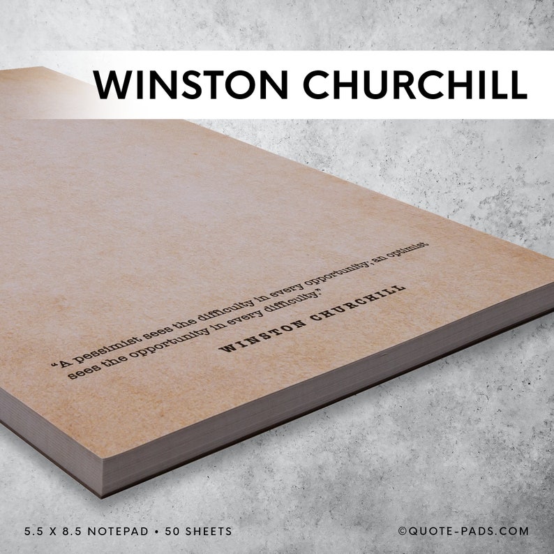 Vintage-style notepad with an antique appearance, featuring a timeless quote by Winston Churchill in a classic typewriter font at the bottom.