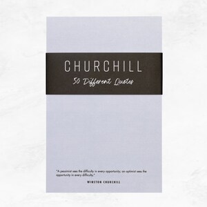 Elusive Blue colored notepad with a black belly band that says: Churchill 50 Different Quotes. A Winston Churchill quot is written across the bottom in a modern font.