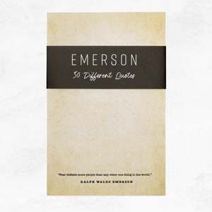 Antique colored notepad with a black belly band that says: Emerson 50 Different Quotes. A Ralph Waldo Emerson quote about fear is written across the bottom in a typewriter font.