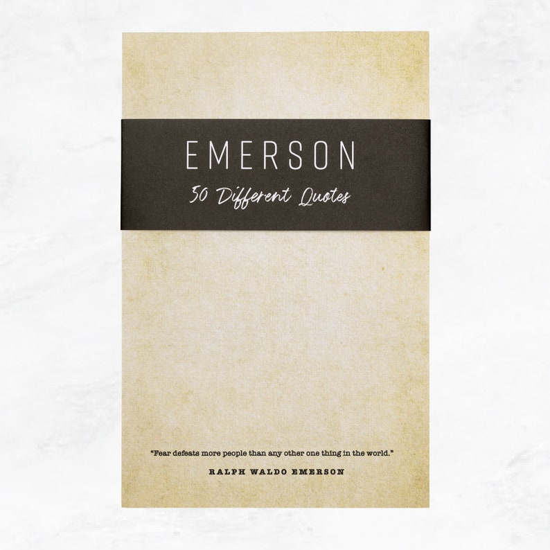 Antique colored notepad with a black belly band that says: Emerson 50 Different Quotes. A Ralph Waldo Emerson quote about fear is written across the bottom in a typewriter font.
