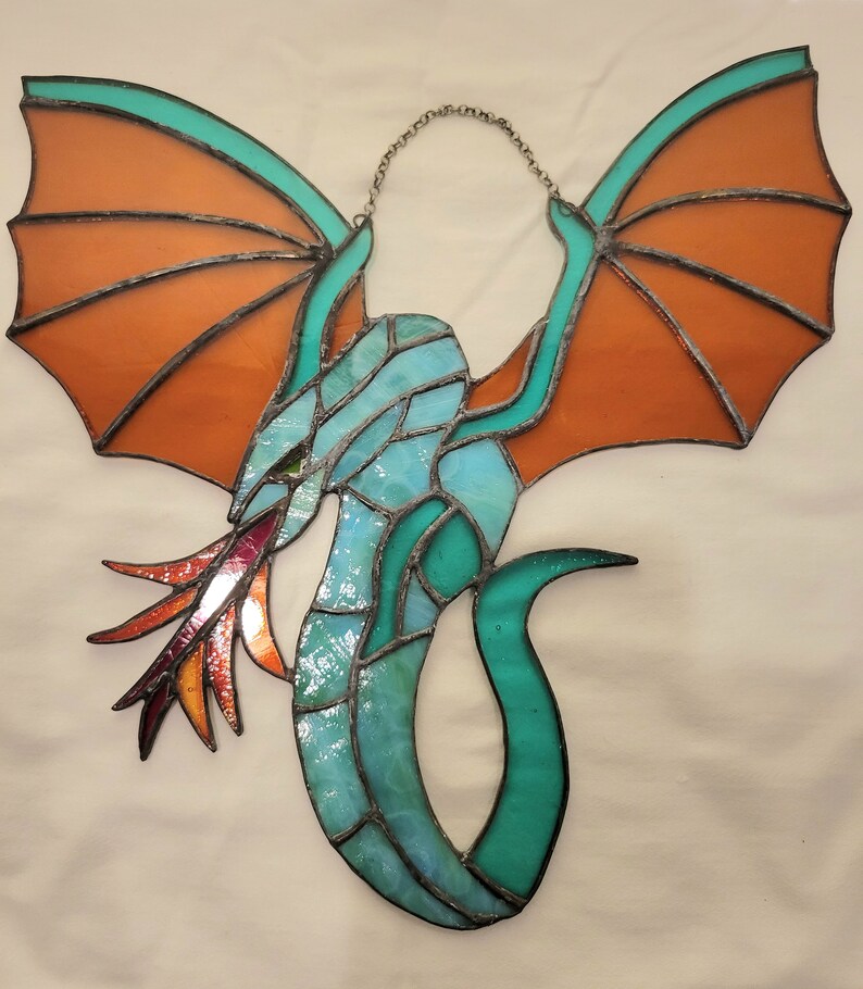 Stained Glass Fire Breathing Dragon, Dragon Window Hanging, Orange and