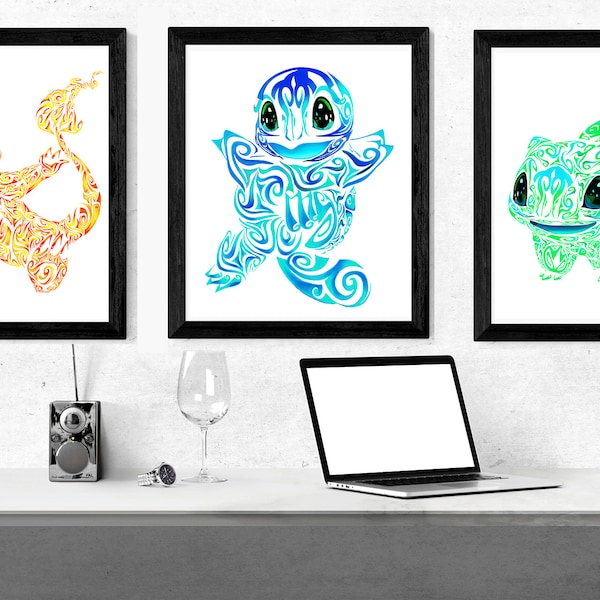 Pokémon maori télécharger imprimer, lots des 3 Starter maori première génération imprimer art poster pour les enfants chambre décor mural