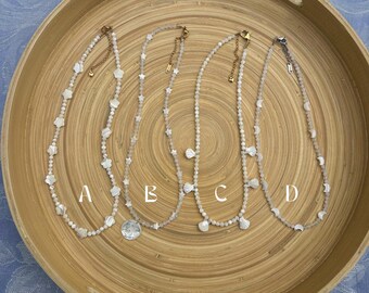 Rainbow Moonstone & Mother of Pearl Necklace: Celestial Layering Jewelry