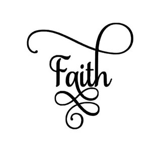 Puede incluir: Diseño de caligrafía en blanco y negro con la palabra "Fe" en una fuente cursiva. La palabra está rodeada de remolinos decorativos.