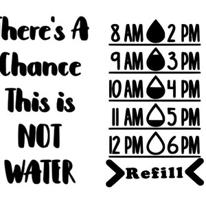 以下が含まれることがあります： 「There's A Chance This is NOT WATER」というテキストと、1日のさまざまな時間に水を補充するリマインダーが書かれた白黒のグラフィック。グラフィックには水滴のアイコンと、午前8時、午前9時、午前10時、午前11時、午後12時、午後2時、午後3時、午後4時、午後5時、午後6時の時間が含まれています。