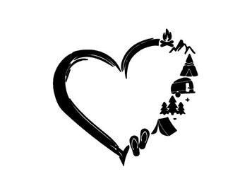 May include: Black and white illustration of a heart with camping and outdoor adventure icons inside, including a camper, tent, trees, mountains, and a campfire.