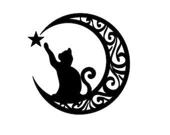 May include: Black silhouette of a cat reaching for a star on a crescent moon with a decorative design.