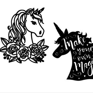 May include: Two black and white unicorn designs. The first design is a unicorn with flowers around its neck. The second design is a unicorn with the text "Make your own magic" inside its silhouette.