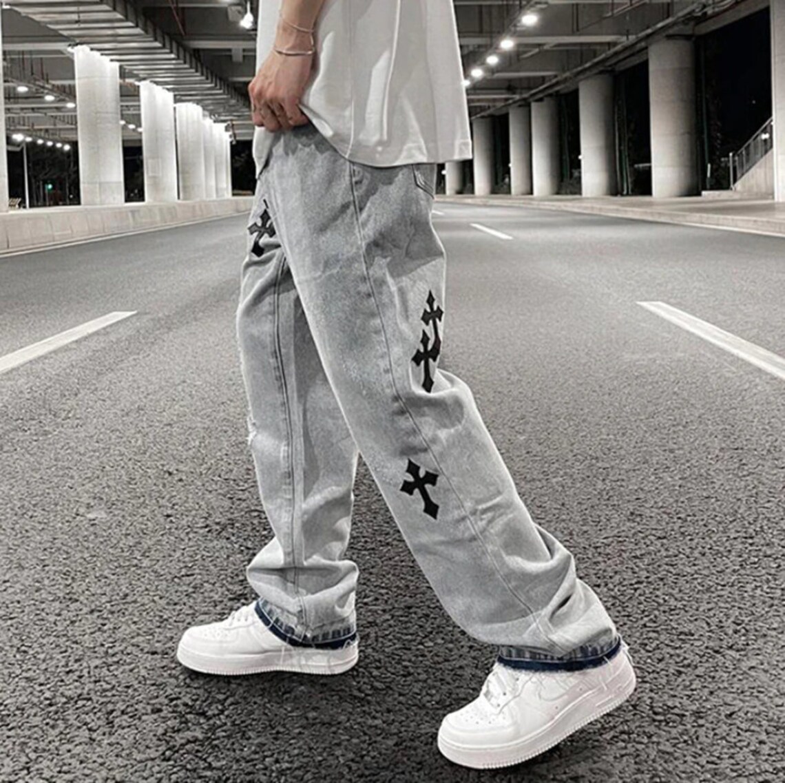 Jeans oversize casual stampati a croce strappata Etsy Italia