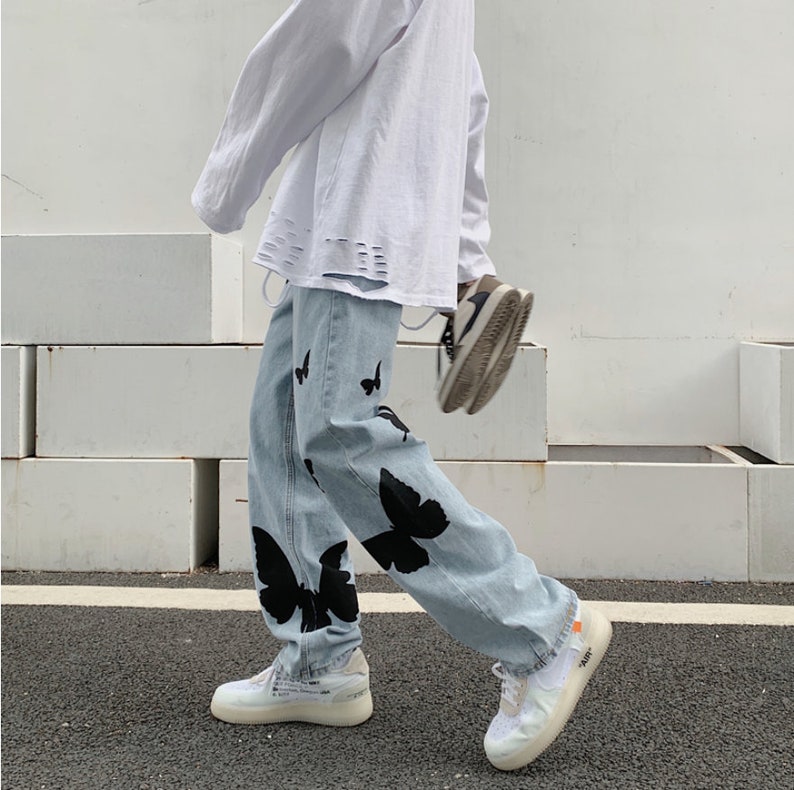 Butterfly Printed Baggy Jeans Etsy
