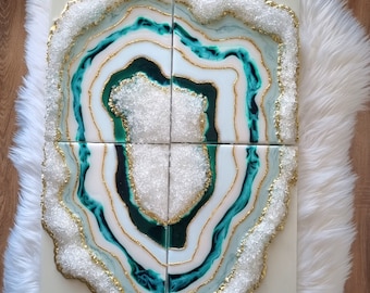 Emerald Geode Resin Wall Art, Gold Crystal Decor, Set of Four