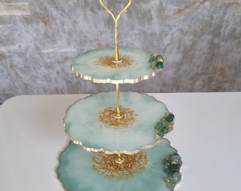 3 Tier Resin Cake Stand with natural stones Agate,Jade and Quartz,Wedding Stand,Gift,Art & Collectibles,Home Decor,Tray,Birthday Gift,Dining