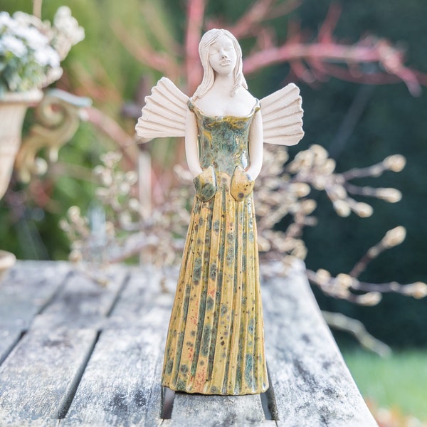 Elegant angel in moss green, handmade ceramic figure, clay figure, guardian angel, garden angel, ceramic, sculpture, pottery, gift idea, decoration