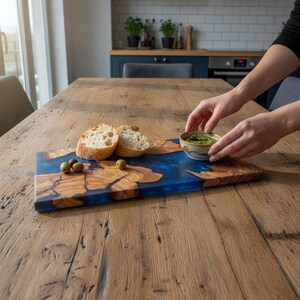 Olive Wood Serving Board, Blue Resin Patchwork Charcuterie Platter, Rustic Kitchen Decor