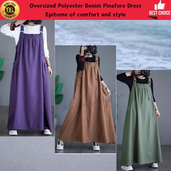 Oversized Cotton Blend Denim Pinafore Dungaree Long Maxi Vintage Style Cargo Loose Fitting Dress Side Pockets Popular Trendy Plus Size