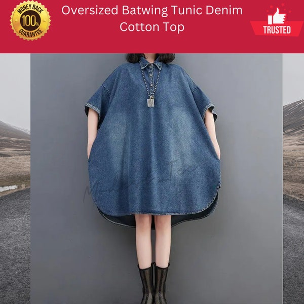 Lose Trendy Tunika Fledermausärmel Streetwear Oversized Pullover Denim Knielanges Kleid Shirt Top