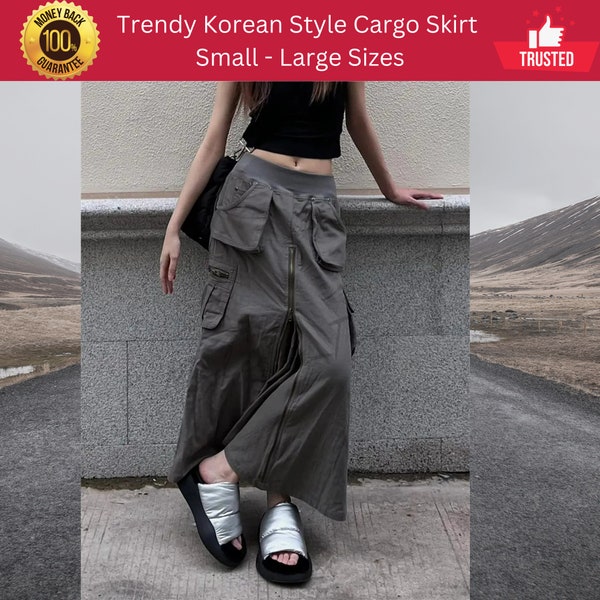 Cargo Grey Baggy Trendy skirt Women Autumn Winter Elastic Waist A-line Streetwear Big Pockets Zipper Loose fitting Skirt Korean Style